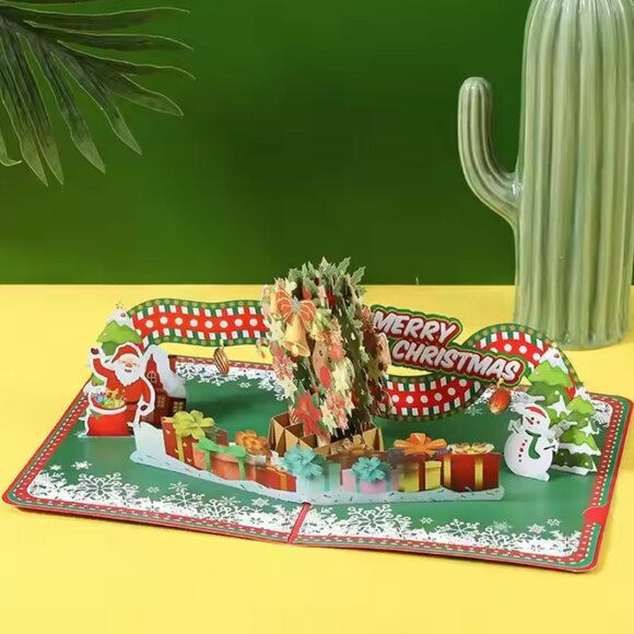 New in Pack Plaid Pattern Cute 3D Pop Up Merry Christmas Card Santa Gifts Wreath - Picture 2 of 2